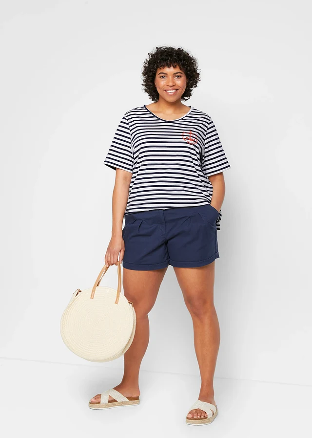 T-shirt 100% coton, Couleur: blanc/bleu foncé rayé