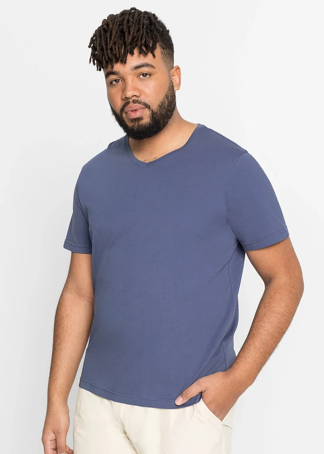 Lot de 5 T-shirts col V, Couleur: bleu moyen+blanc+gris chiné+indigo+bleu foncé