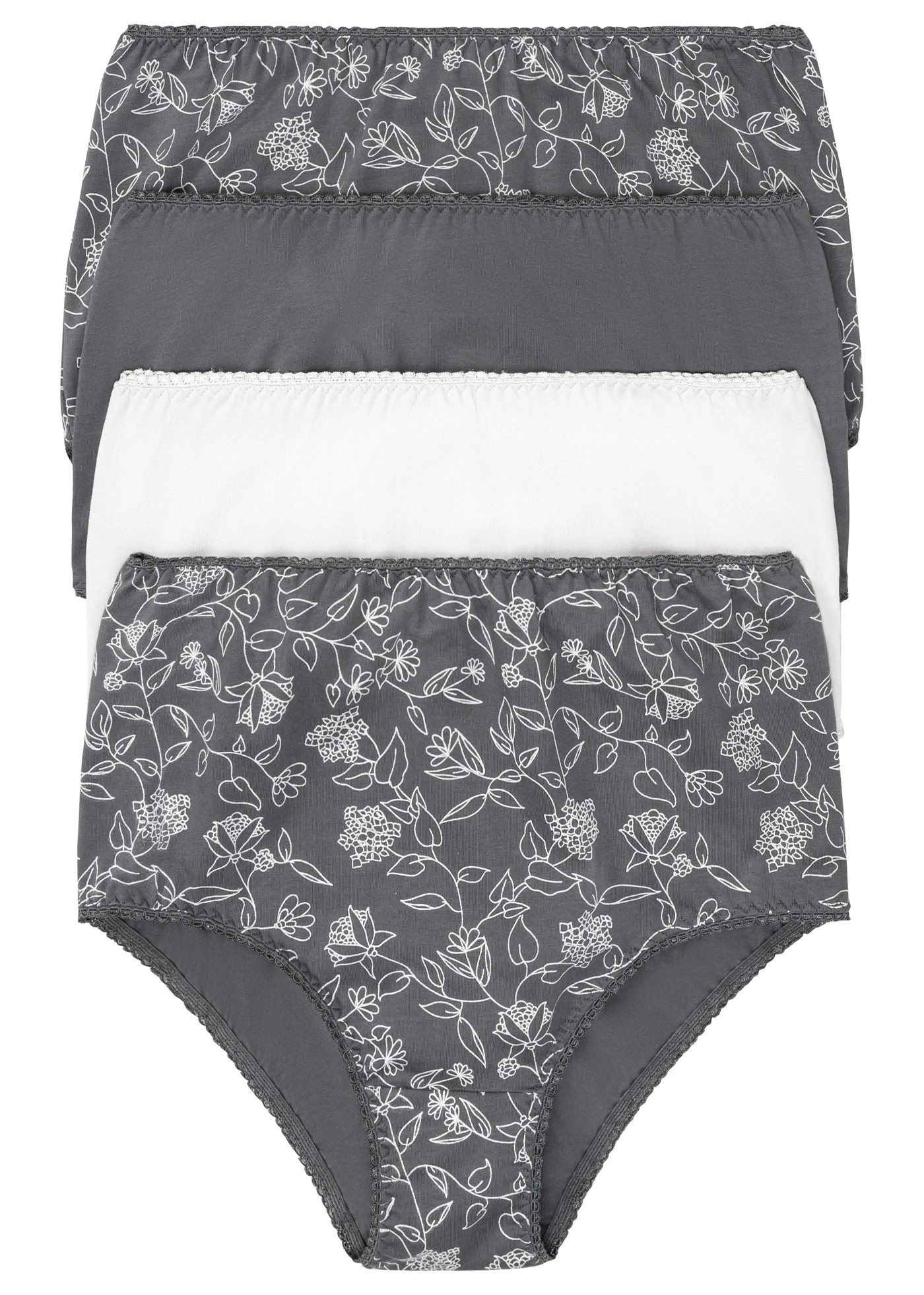 Lot de 4 slips taille haute confortables en coton • gris ardoise-argenté mat floral + gris ardoise + argenté mat • Boutique bonprix