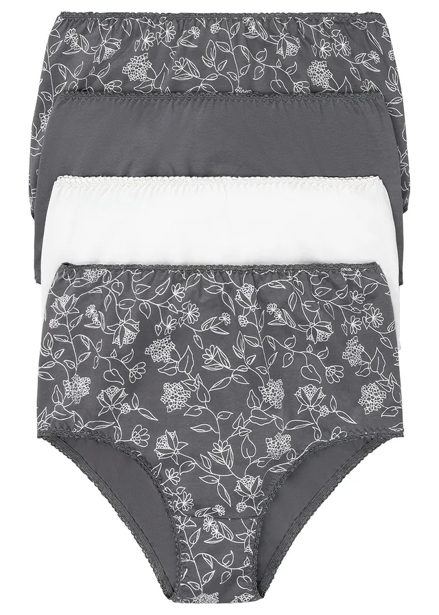 Lot de 4 slips taille haute confortables en coton • gris ardoise-argenté mat floral + gris ardoise + argenté mat • Boutique bonprix