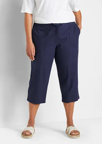 Pantalon 3/4 en lin majoritaire, Couleur: bleu profond