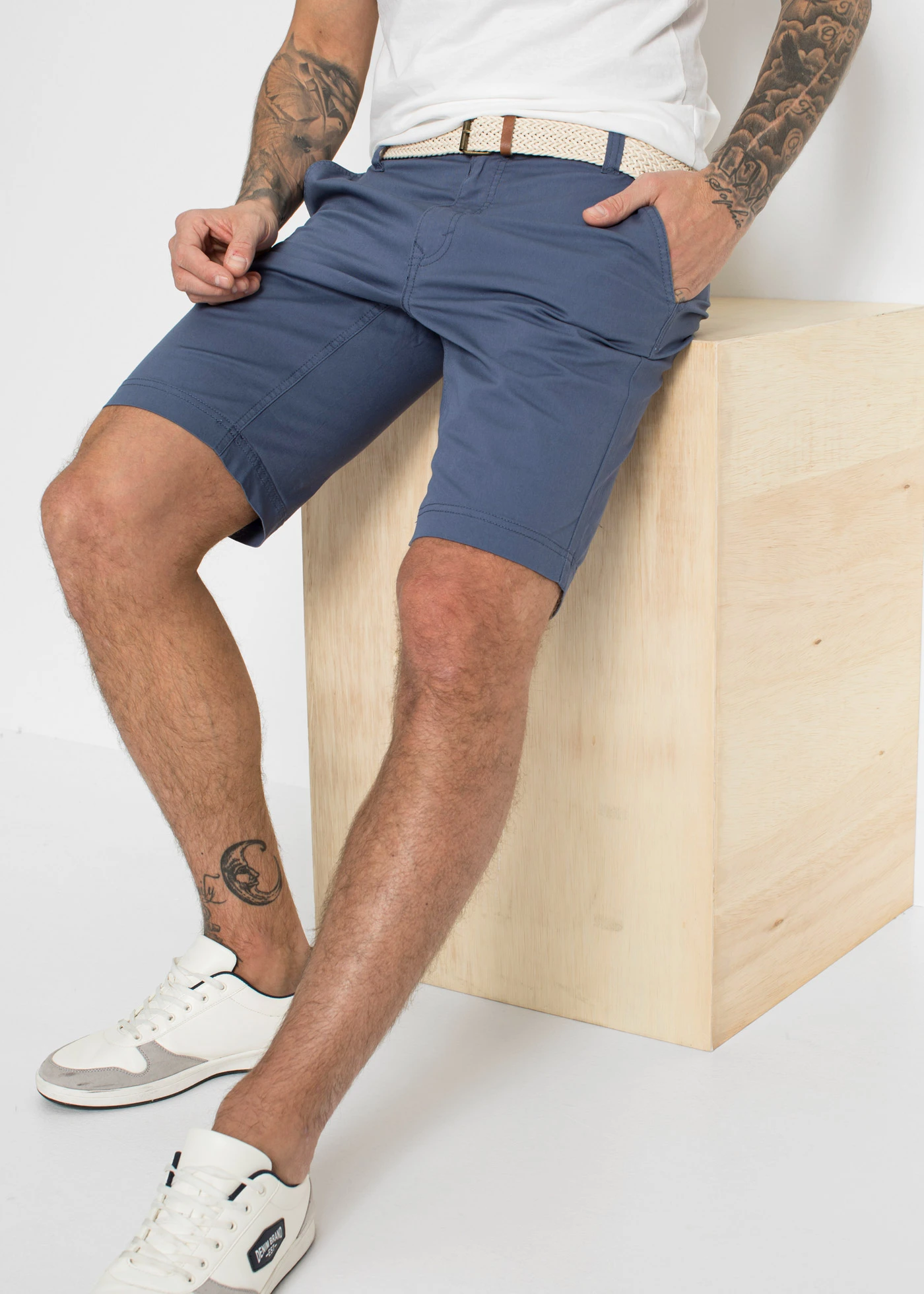 Stretch chino bermuda met riem, regular fit • indigo • bonprix online shop