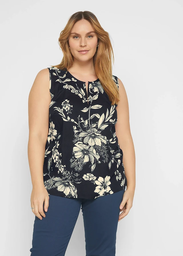 Blouse sans manches en viscose, Couleur: bleu foncé/beige galet floral