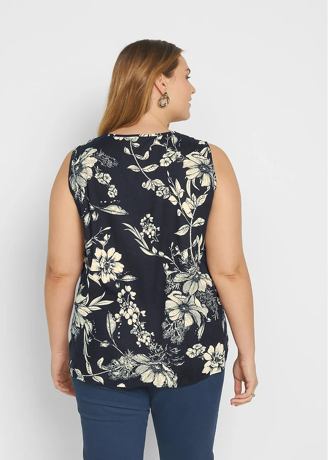 Viscose blousetop, Kleur: donkerblauw-kiezelbeige gebloemd