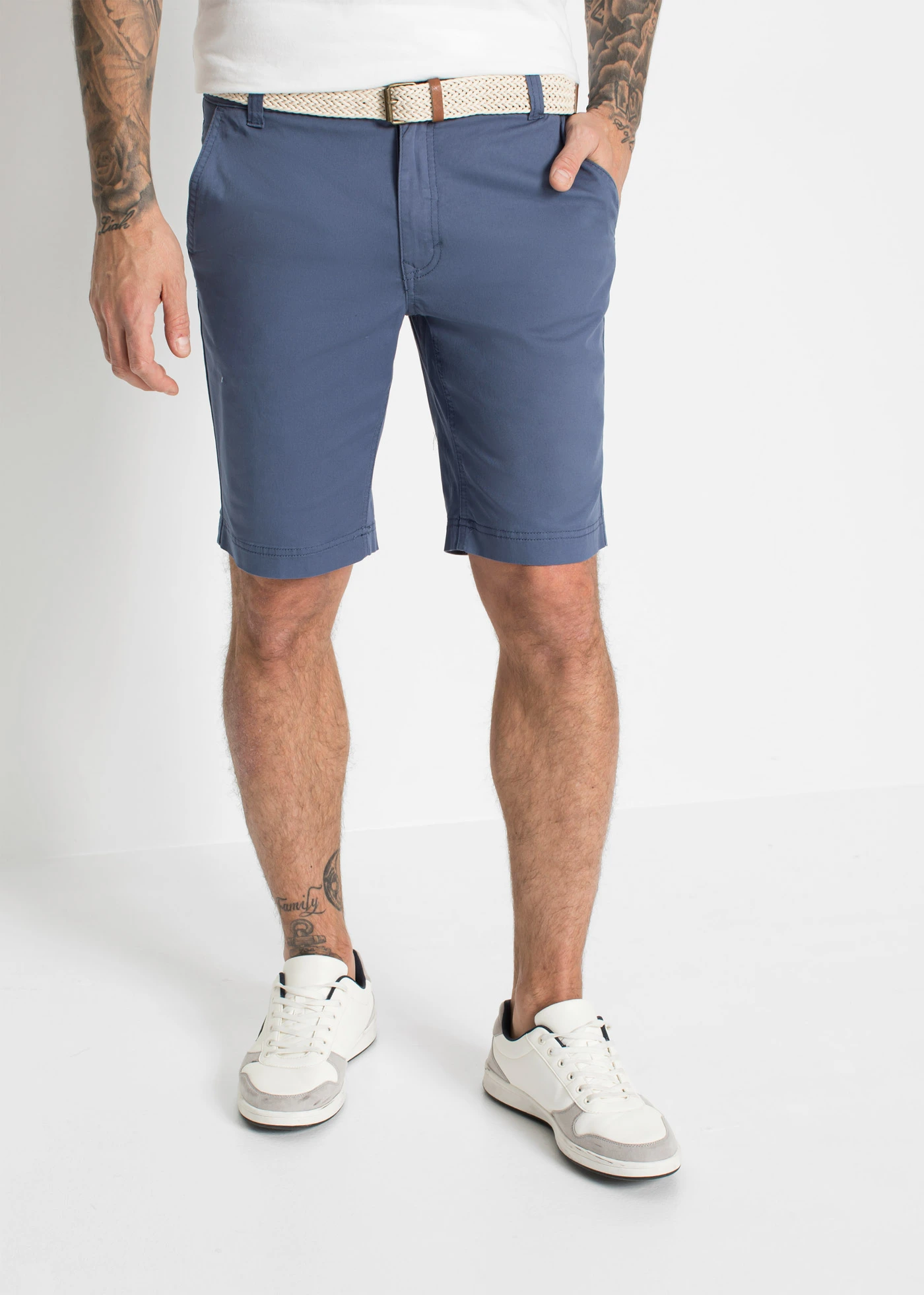 Stretch chino bermuda met riem, regular fit • indigo • bonprix online shop