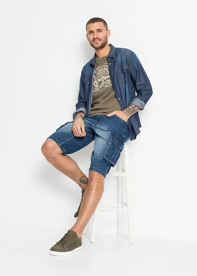 Bermuda cargo long en jean, loose • bleu denim • product-page.page-title-suffix
