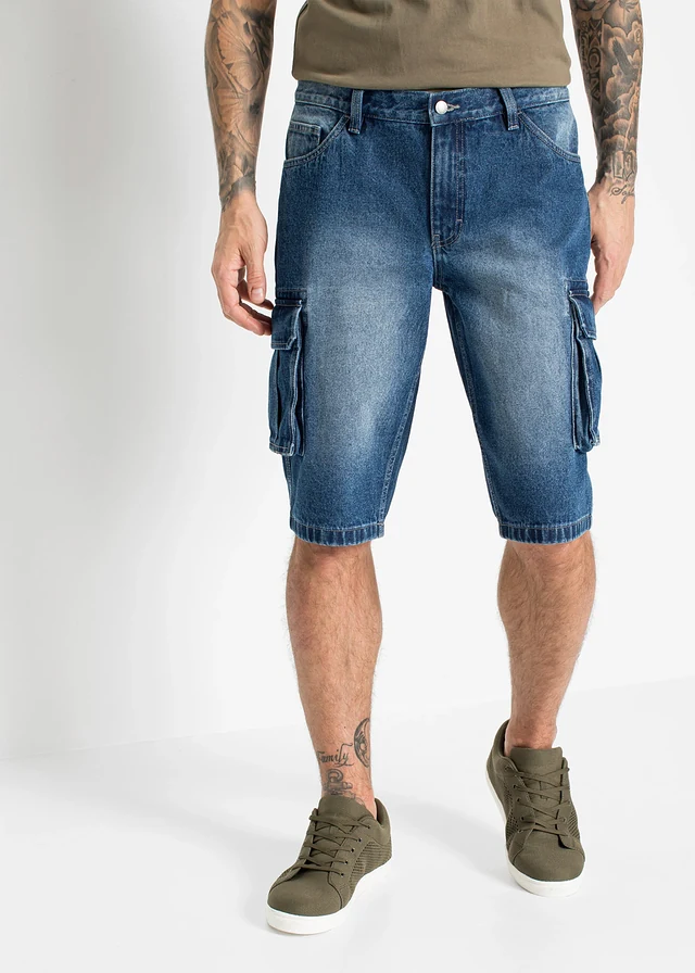 Bermuda cargo long en jean, loose • bleu denim • product-page.page-title-suffix