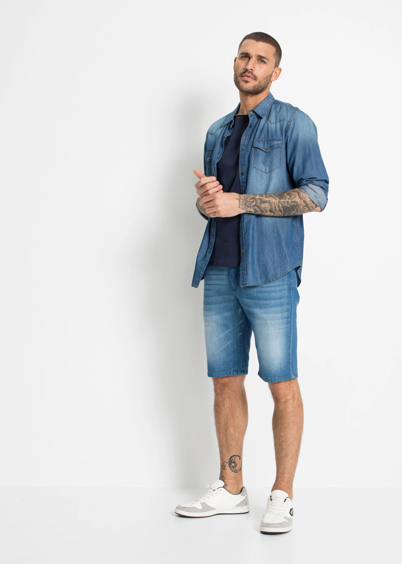 Sztreccs farmer bermuda lépésben megerősített kidolgozással, Regular Fit • középkék denim • bonprix áruház