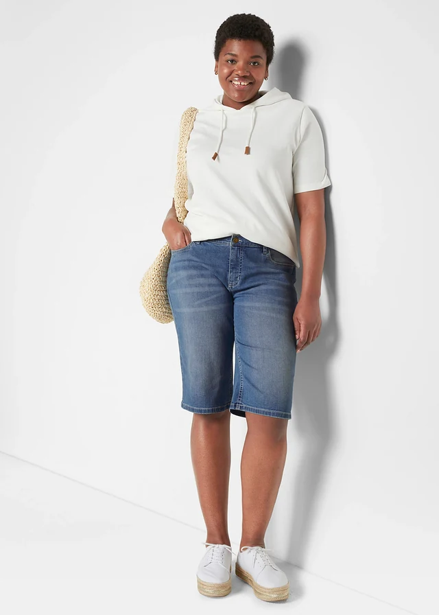 Strečové džínové bermudy, Mid Waist, barva: světle modrý denim used