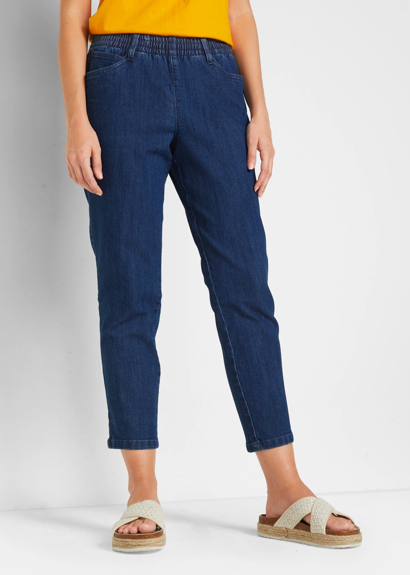 Lot de 2 pantalons 7/8 droits, taille mi-haute élastiquée • bleu denim+noir • Boutique bonprix