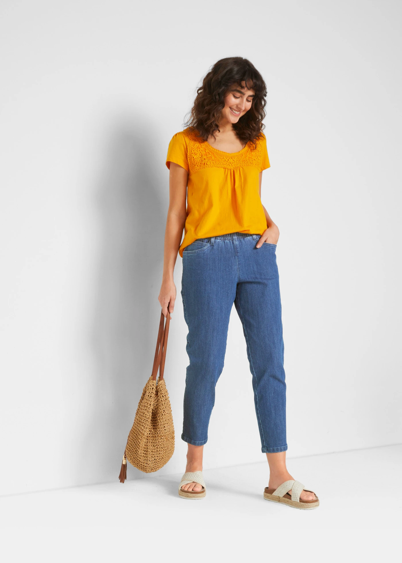 Straight farmer, Mid Waist, kényelmes derékpánttal (2 db-os csomag) • kék denim+fekete • bonprix áruház