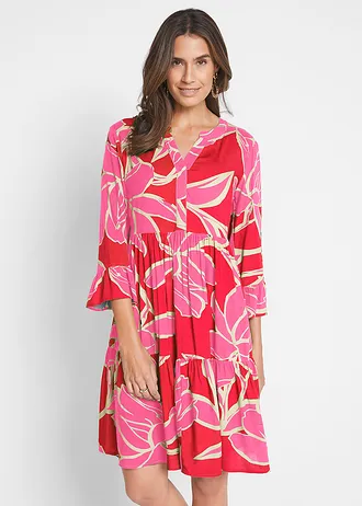Robe-tunique en viscose fluide, Couleur: rouge signal/rose flamant floral