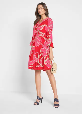 Robe-tunique en viscose fluide, Couleur: rouge signal/rose flamant floral