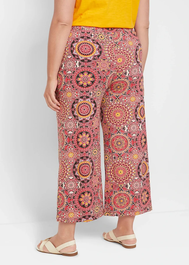 Wijde jersey culotte met brede, gesmokte band, 7/8 lengte, Kleur: avondrood paisley