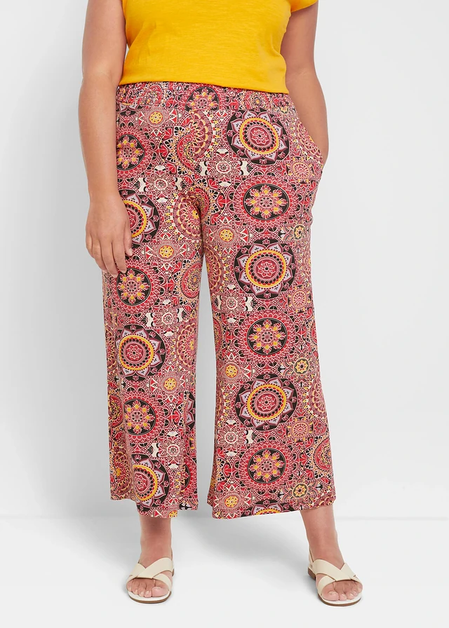 Wijde jersey culotte met brede, gesmokte band, 7/8 lengte, Kleur: avondrood paisley