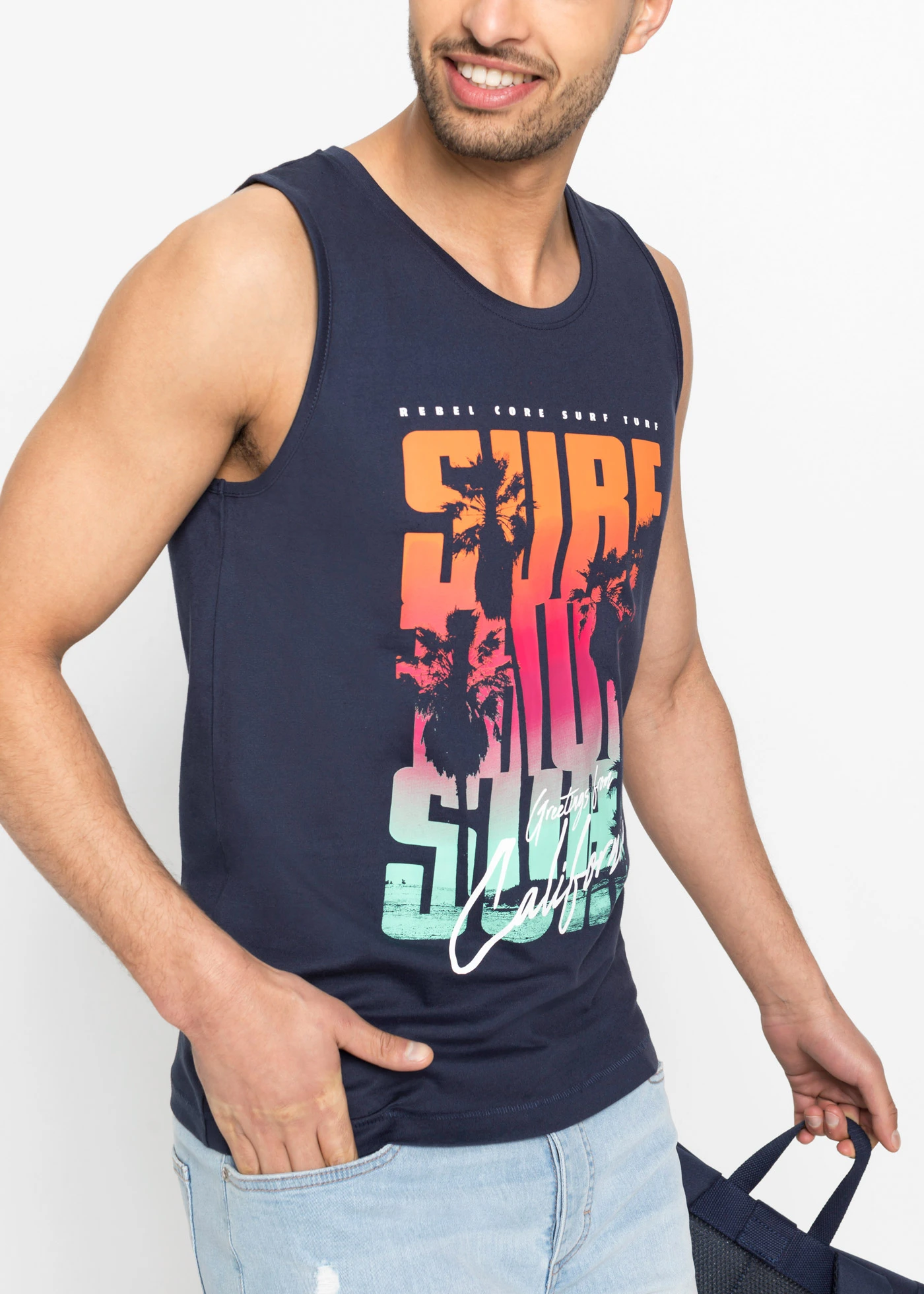 Tank top, slim fit  (2 szt.) • ciemnoniebieski+biały z nadrukiem • sklep bonprix
