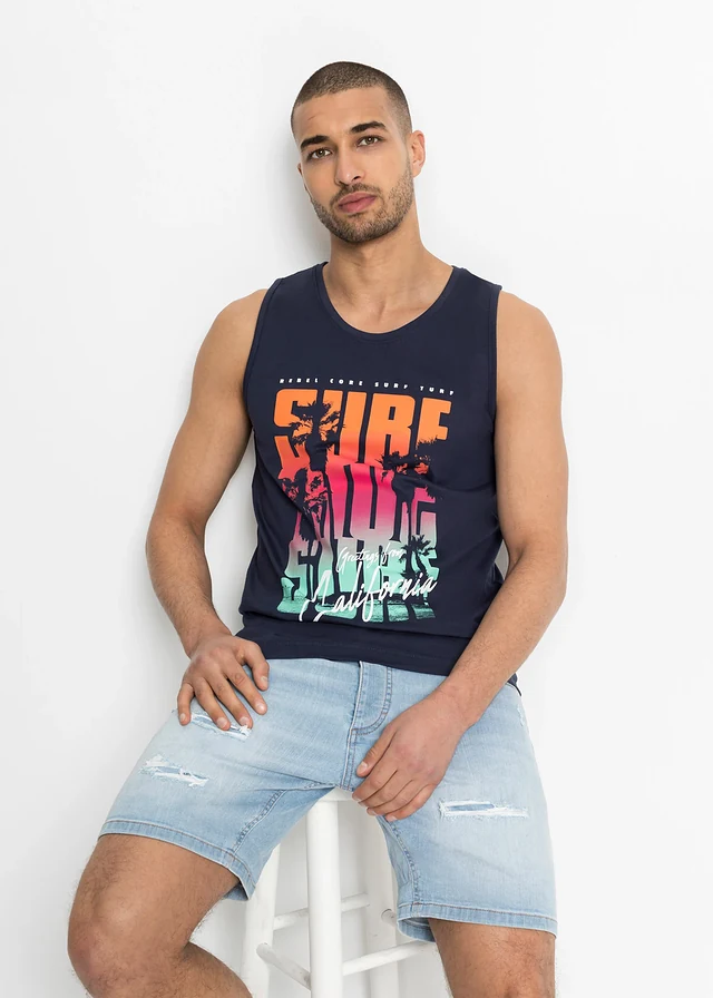 Lot de 2 débardeurs slim, Couleur: bleu foncé + blanc imprimé