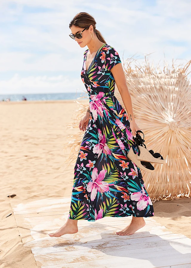 Maxi jurk in wikkellook • zwart-groen-pink gebloemd • product-page.page-title-suffix