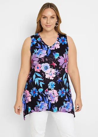 T-shirt long à pans, Couleur: noir/violet à fleurs