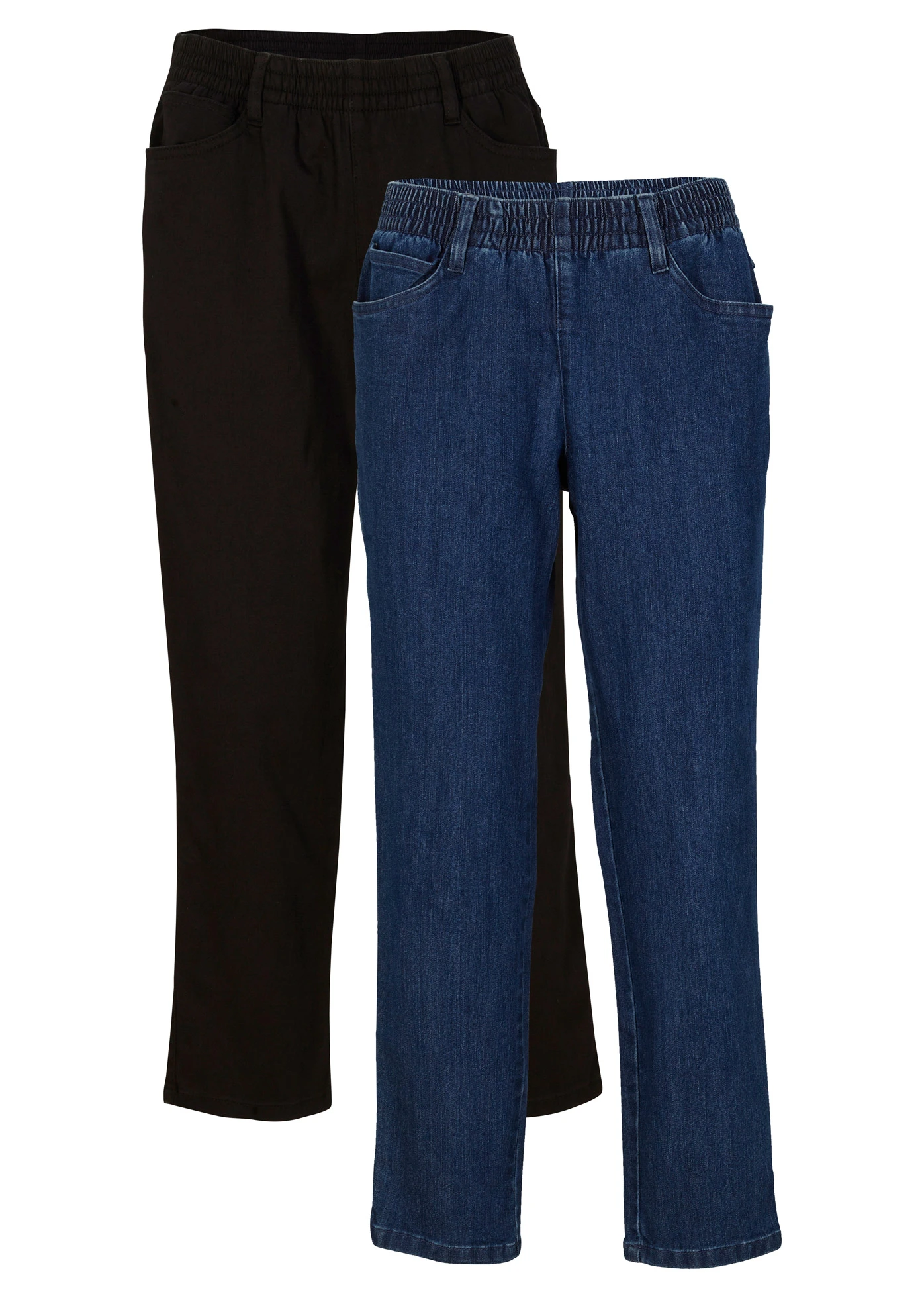 Straight džíny, Mid Waist, pohodlná pasovka (2 ks v balení) • modrý denim + černá • bonprix obchod