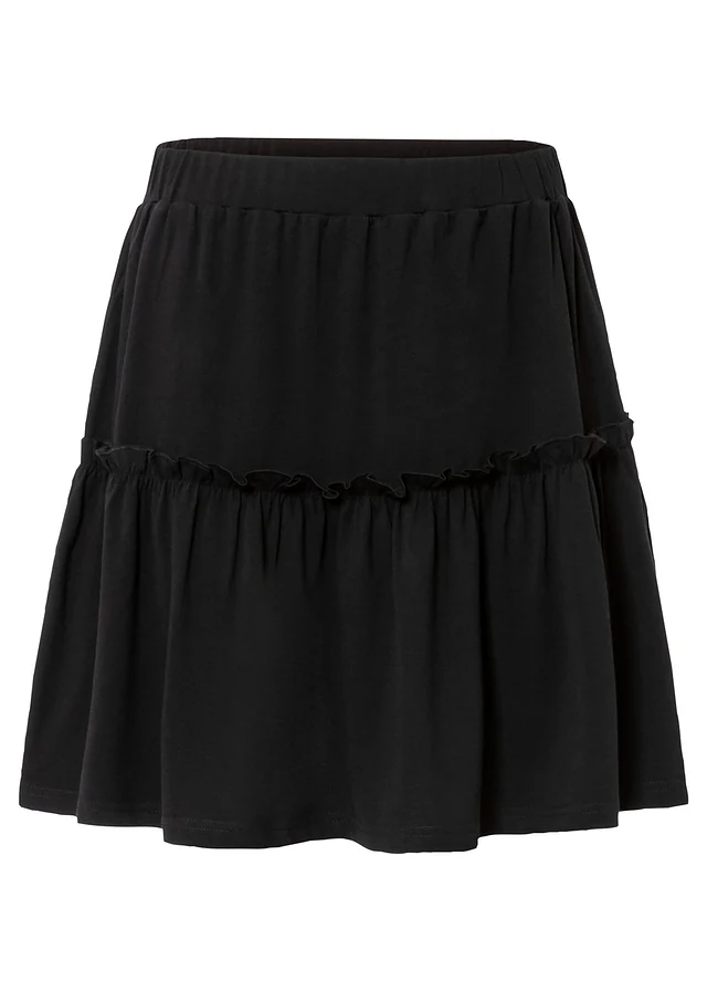 Jupe en jersey à volant en viscose mélangée, Couleur: noir