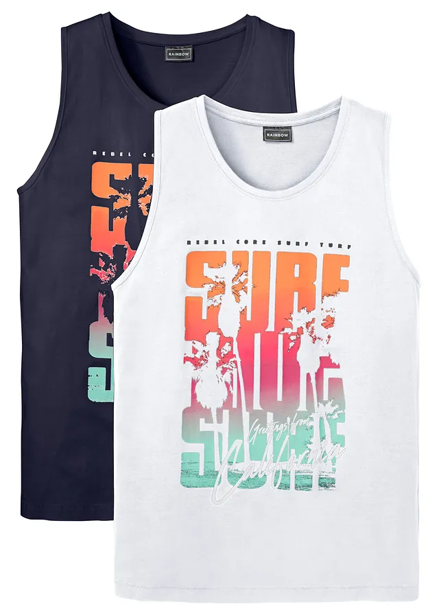 Lot de 2 débardeurs slim, Couleur: bleu foncé + blanc imprimé