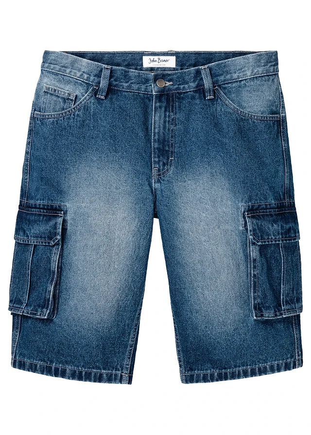 Bermuda cargo long en jean, loose, Couleur: bleu denim