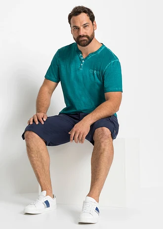 T-shirt col tunisien, aspect délavé, 100% coton, Couleur: turquoise cobalt imprimé