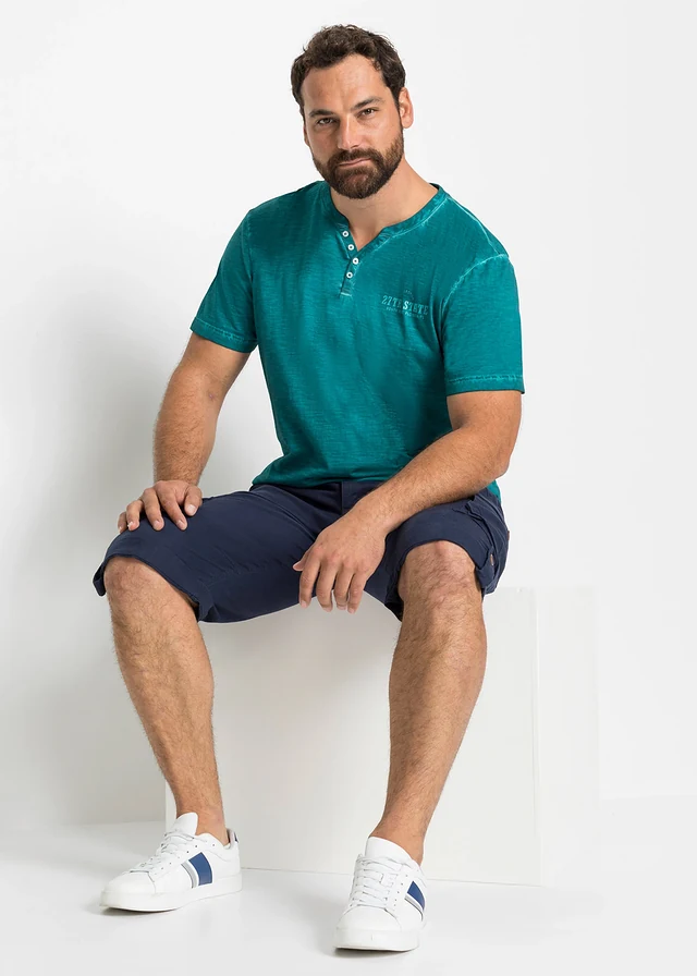 T-shirt col tunisien, aspect délavé, 100% coton, Couleur: turquoise cobalt imprimé