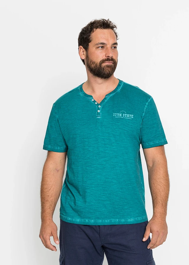 Henley shirt in washed out look, korte mouw, Kleur: kobaltturkoois met print