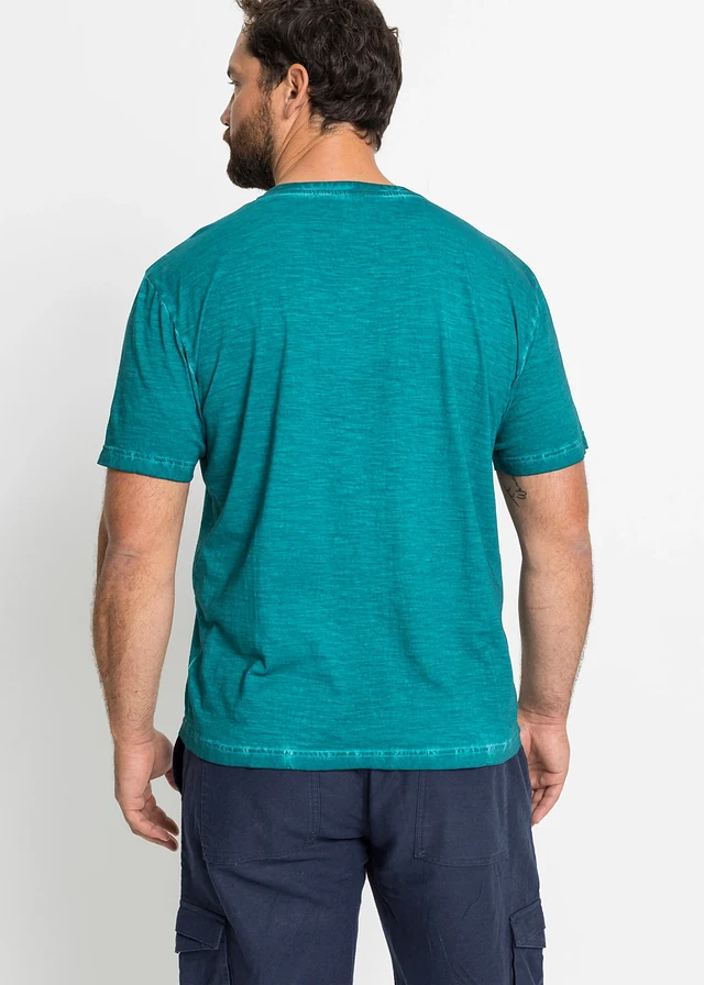 T-shirt col tunisien, aspect délavé, 100% coton, Couleur: turquoise cobalt imprimé