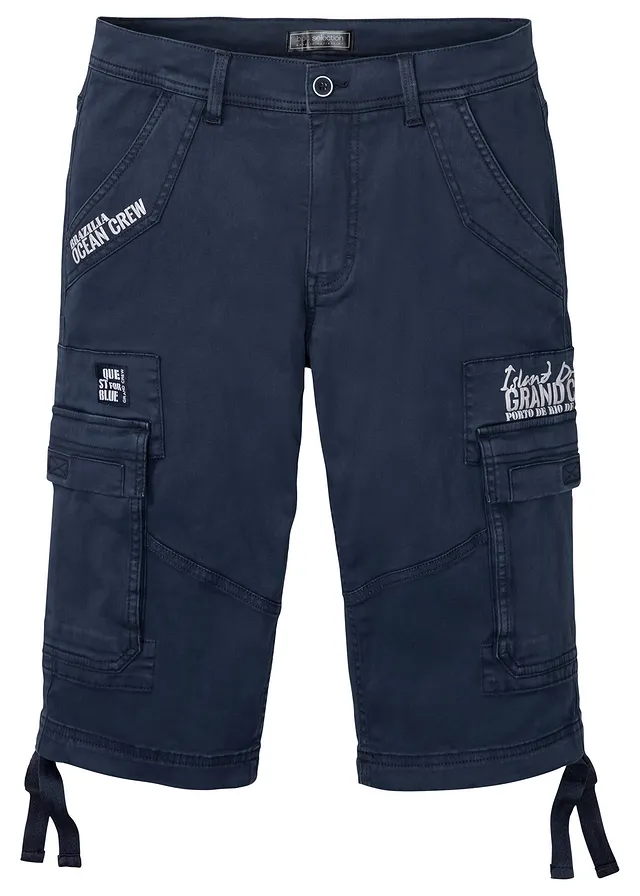 Lange bermuda met cargozakken, regular fit, Kleur: donkerblauw met print