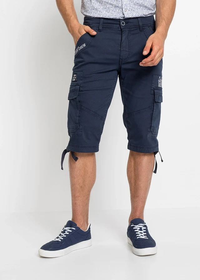 Lange bermuda met cargozakken, regular fit, Kleur: donkerblauw met print
