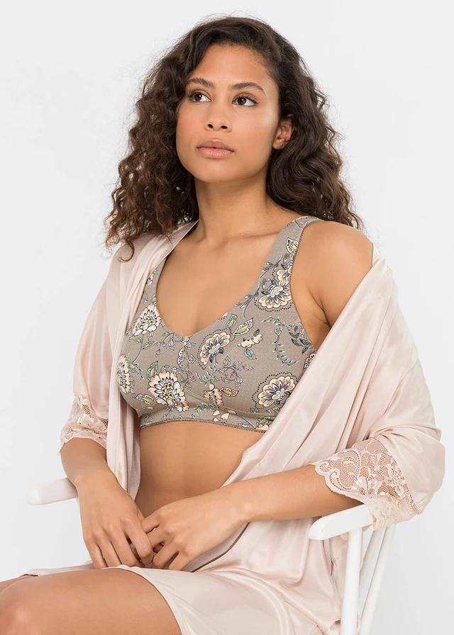 Lot de 3 soutiens-gorge coton sans armatures, Couleur: taupe paisley + crème abricot + menthe