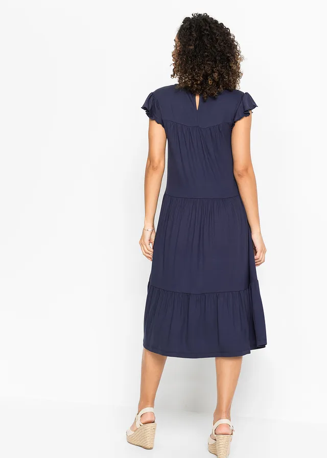Robe midi en viscose extensible, Couleur: bleu foncé