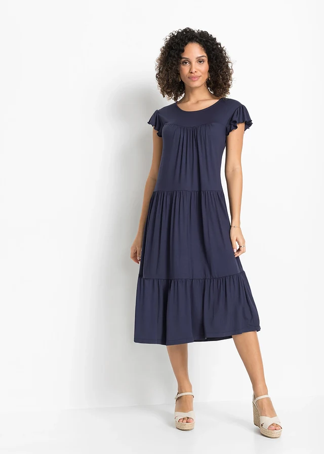Robe midi en viscose extensible, Couleur: bleu foncé