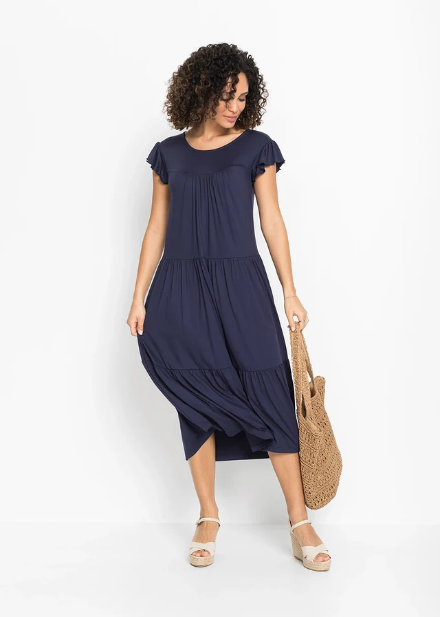 Robe midi en viscose extensible, Couleur: bleu foncé