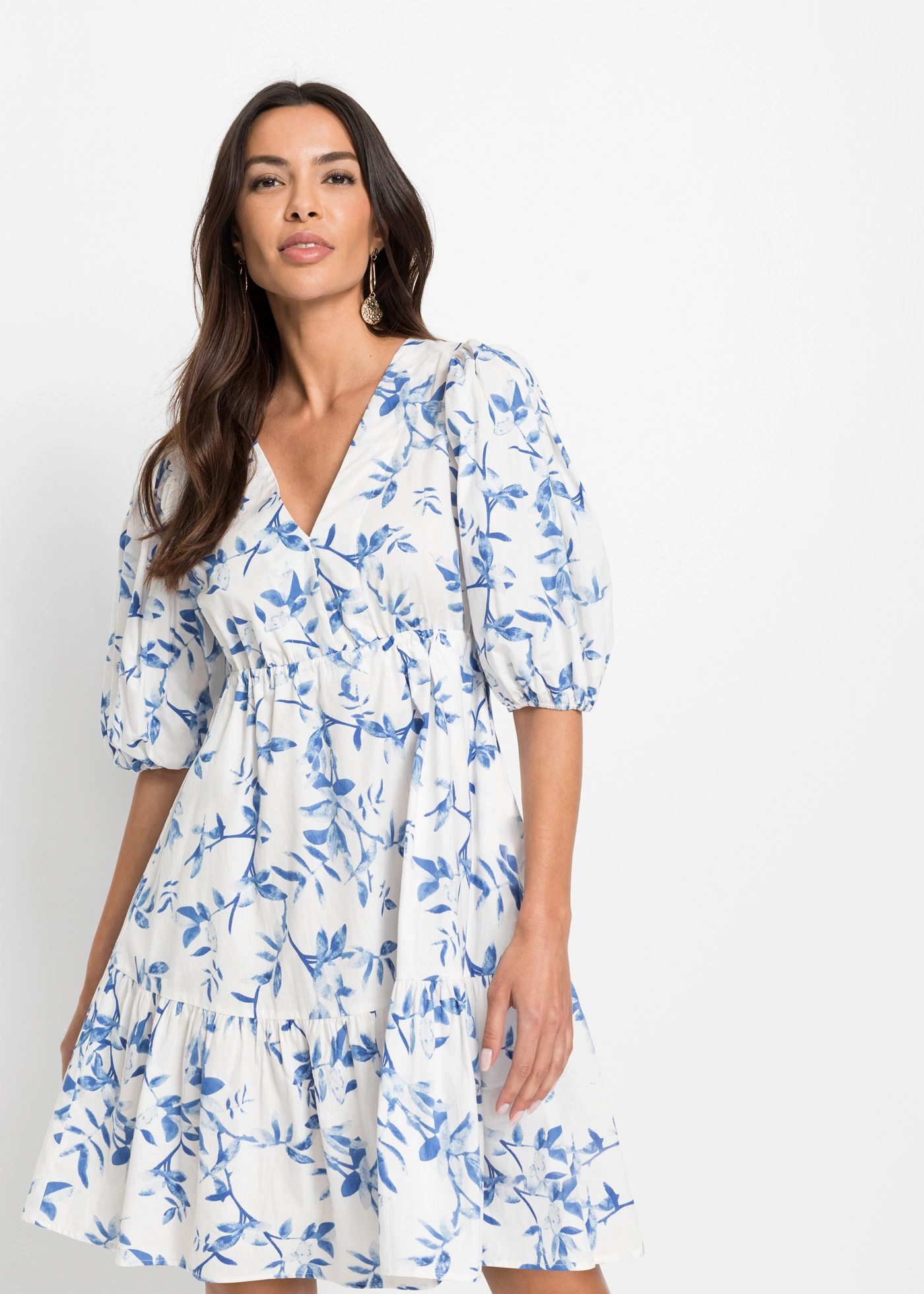 Rochie mini din bumbac 100% • alb-bleu floral • magazin bonprix