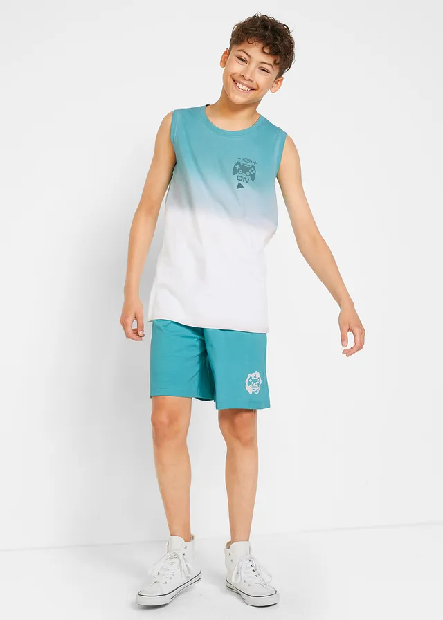 Jongens top en korte broek (2-dlg. set) van biologisch katoen, Kleur: diepaqua-wit met print