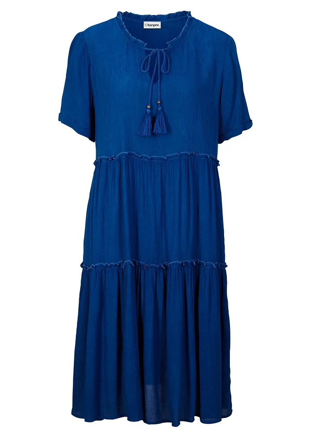 Robe en crépon de viscose, longueur genou, détail encolure, Couleur: bleu arctique