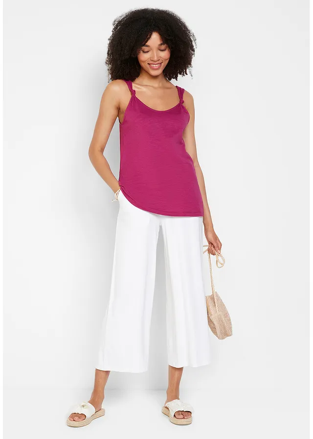 Katoenen top met knoopdetails, Kleur: violetorchidee