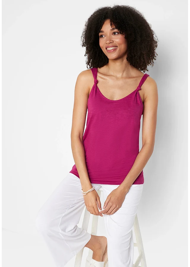 Katoenen top met knoopdetails, Kleur: violetorchidee