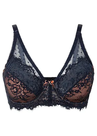 Zmenšovací podprsenka s jemnou krajkou, barva: tmavě modro-broskvová