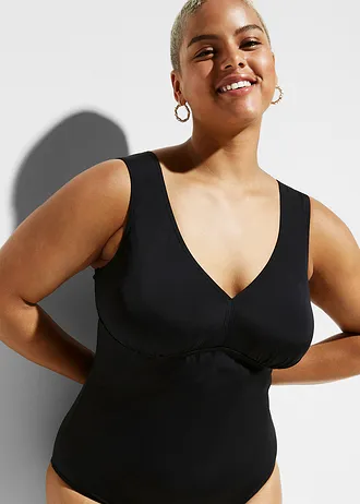 Stahovací jednodílné plavky s výstřihem do V, střední tvarující efekt, barva: černá