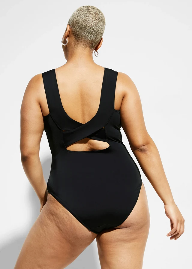 Maillot 1 pièce sculptant à col en V, maintien modéré, Couleur: noir