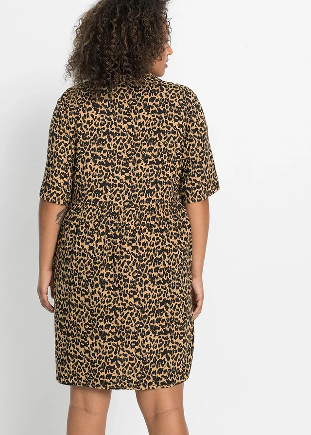 Rochie din viscoză fluidă, culoare: bej-icecafé / negru cu imprimeu leo