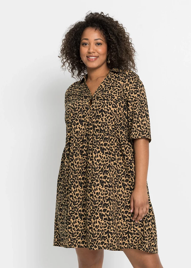 Robe en viscose avec un col chemise, Couleur: café liégeois/noir imprimé léopard