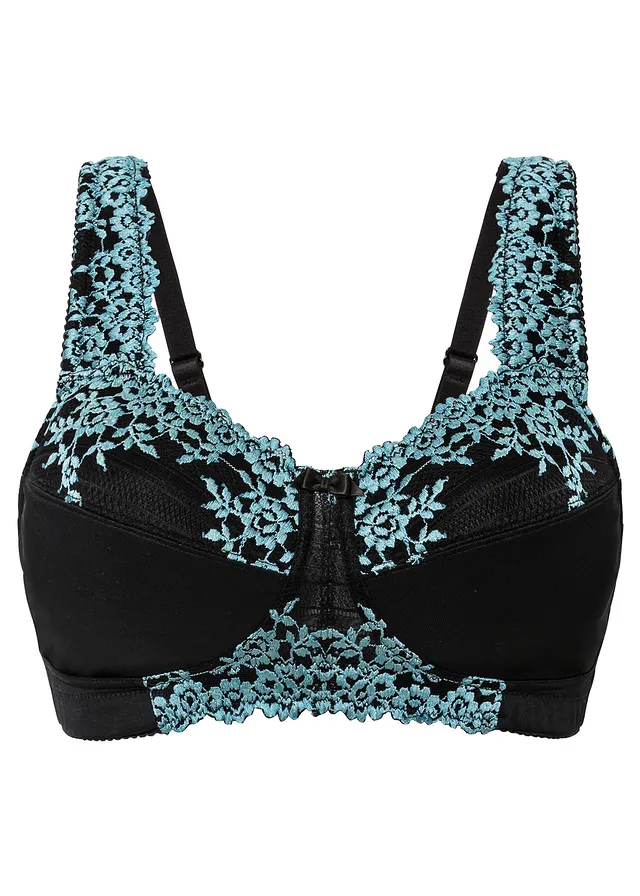 Soutien-gorge grand maintien sans armatures, bretelles rembourrées, Couleur: noir/turquoise cobalt mat