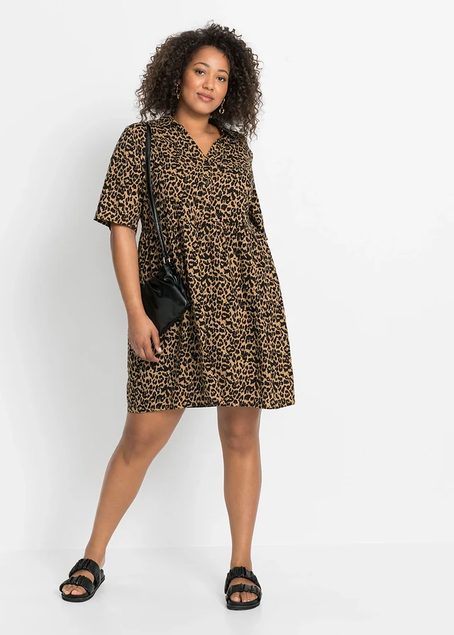 Robe en viscose avec un col chemise, Couleur: café liégeois/noir imprimé léopard