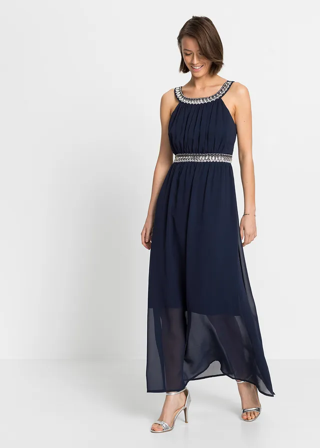 Maxi jurk met stras en gerecycled polyester, Kleur: donkerblauw